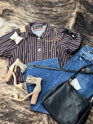 Stripe Gathered Yoke Puff Sleeve Button Down Top