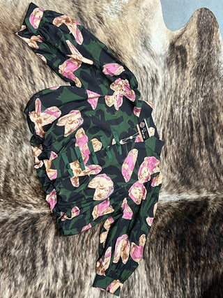 Pine Floral Print Puff Sleeve Button-Up Blouse