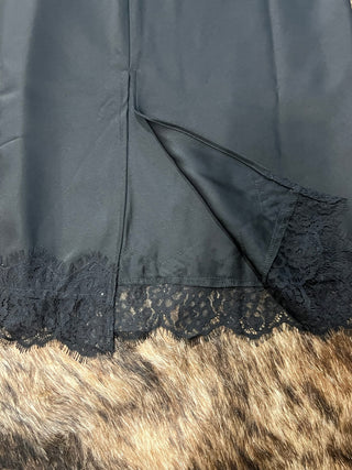 Satin Lace Hem Back Slit Pencil Midi Skirt