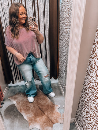 Red Ribbed Striped Oversized Short Sleeve Top