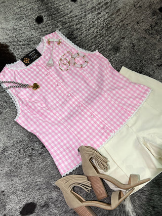 Gingham Lace Trim Button Down Vest Top