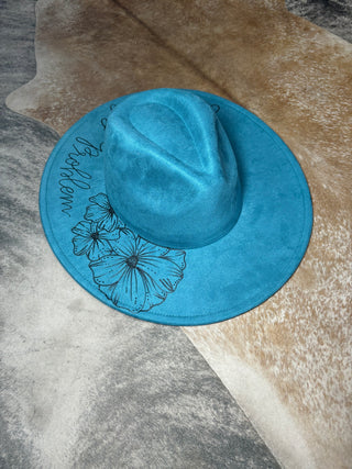 Morgan Turquoise Floral Burned Wide Brim Hat