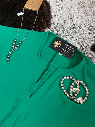 Kelly Green Woven Split Neck Top