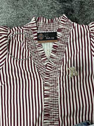 Plus Stripe Smocked V-Neck Puff Sleeve Top