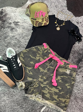 Braided Belt Patch Pocket Camo Shorts — Camouflage