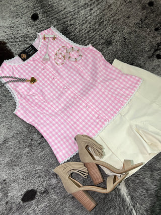 Gingham Lace Trim Button Down Vest Top