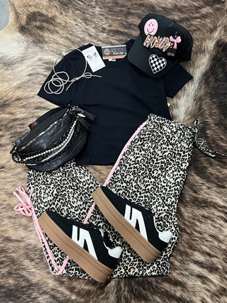 Leopard Drawstring Side Stripe Pants