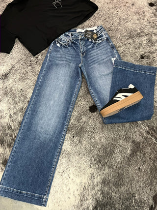 Mid Rise Stretch Trouser Wide Leg Jeans