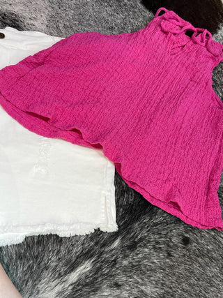 Pink Textured Halter Overlay Top