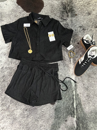 Crinkled Plisse Button Down Shorts Set