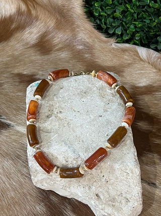 Large marble resin tube bead necklace in brown or ivory, photo 1