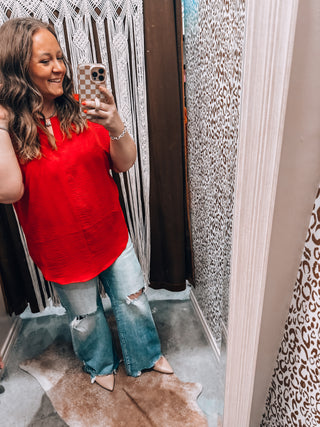 Red Woven Split Neck Top