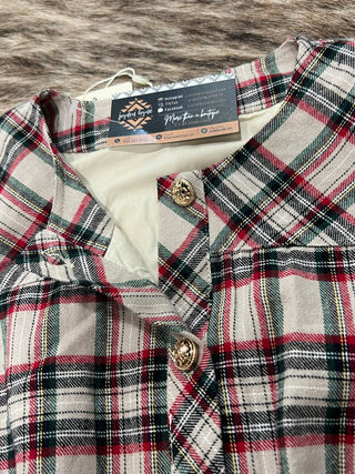 Taupe Plaid Puff Sleeve Ruffle Neck Gold Button Top