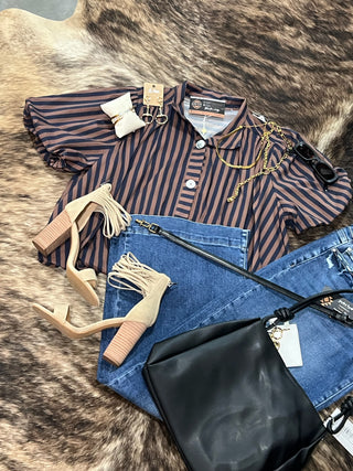 Stripe Gathered Yoke Puff Sleeve Button Down Top