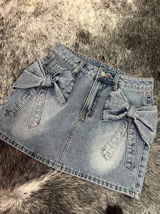 Bow Knot Pocket Denim Mini Skirt — Denim