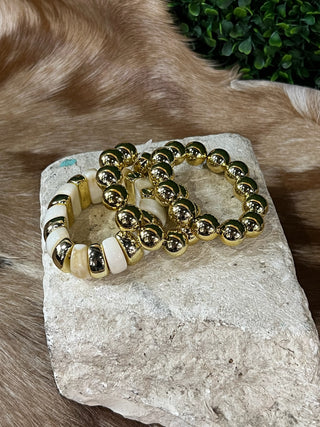 Ivory chunky marble resin and metallic ball beaded bracelet set