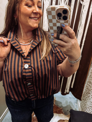 Stripe Gathered Yoke Puff Sleeve Button Down Top