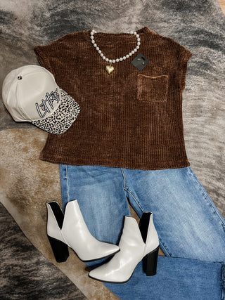 Brown Chenille Short Sleeve Sweater