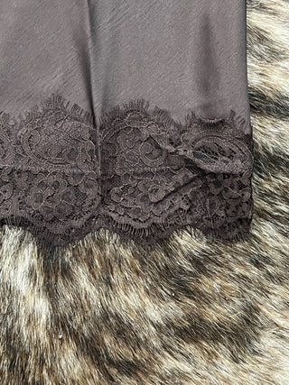 Satin Lace Hem Back Slit Pencil Midi Skirt