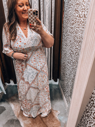 Patchwork Floral Flutter Sleeve Maxi Dress