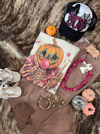 Pumpkin Head Skeleton Rhinestone Halloween Tee