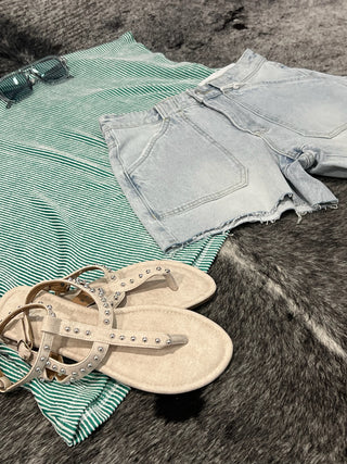 High Rise Patch Pocket Denim Shorts with Frayed Hem
