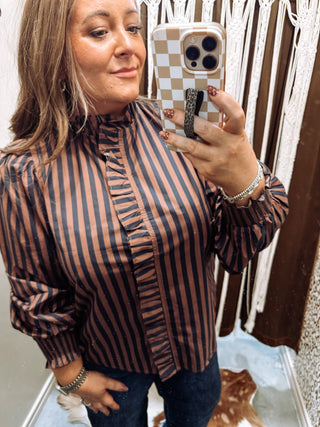 Navy and brown stripe puff sleeve button down blouse with gathered yoke, photo 4