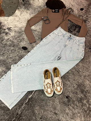 Studded Side Detail Split Leg Frayed Wide Leg Jeans