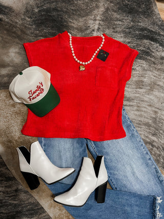 Red Chenille Short Sleeve Sweater