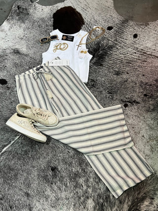 Striped Relaxed Wide Leg Linen Pants — Grey