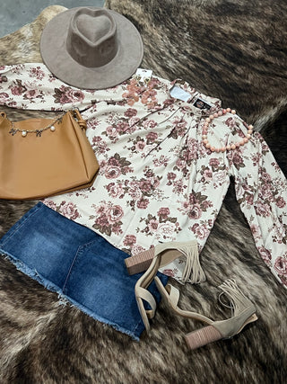 High Neck Back Button Floral Woven Top
