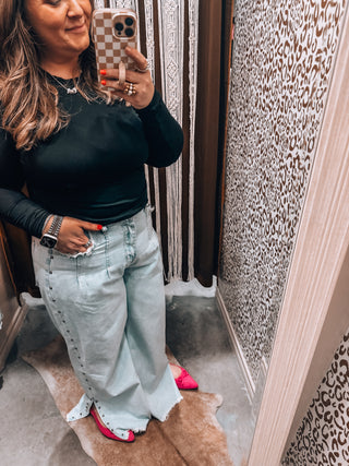 Studded Side Detail Split Leg Frayed Wide Leg Jeans