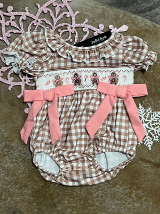 Christmas Vintage-Style Plaid Embroidered Gingerbread and Bows Girls Romper