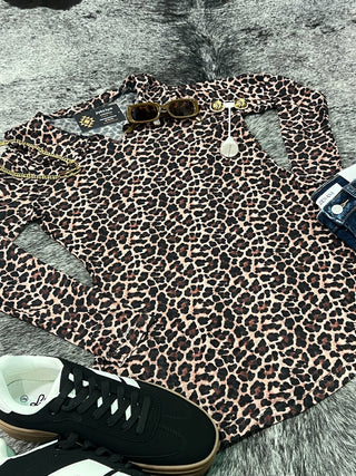 Leopard Mesh Long Sleeve Collared Top