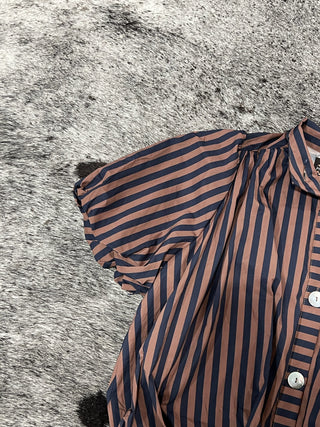 Stripe Gathered Yoke Puff Sleeve Button Down Top