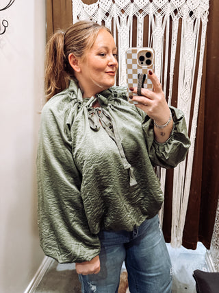 Olive Satin Look Tie Neck Balloon Sleeve Top