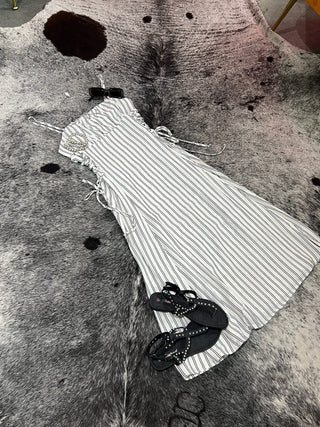 White Summer Stripe Smocked Midi Dress