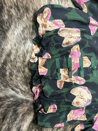 Pine Floral Print Puff Sleeve Button-Up Blouse