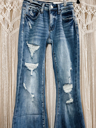 Taylor Mid Rise Dark Wash Distressed Flare