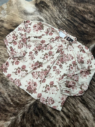 High Neck Back Button Floral Woven Top