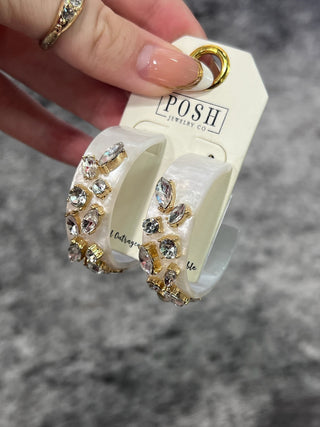 White Marble Crystal Stone Hoop Earrings