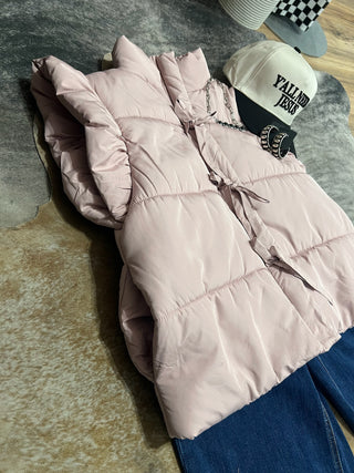 Blush flutter sleeve bow tie puffer vest