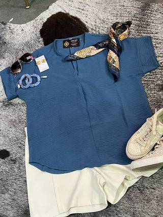 Dusty Blue Woven Split Neck Top