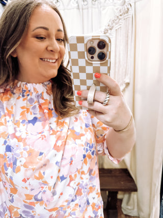 Peach Multi Floral Ruffle Neck Blouse