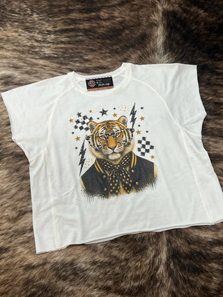 Tiger Mascot Distressed Rhinestone Terry Cloth Crop Tee