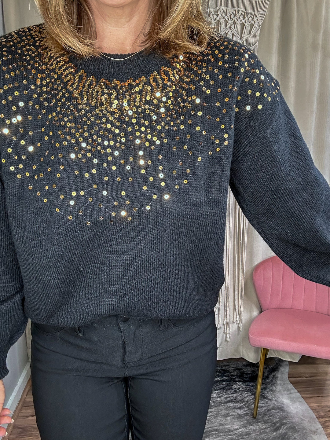 Black Bubble Sleeve Sequin Sweater