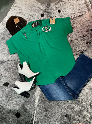 Kelly Green Woven Split Neck Top
