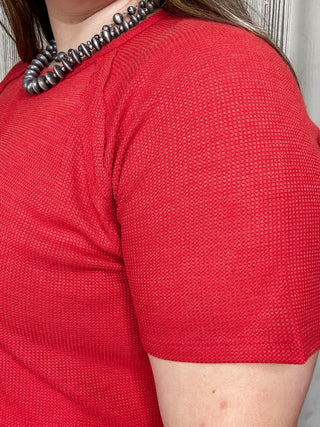 Curvy Red Waffle Short Sleeve Top