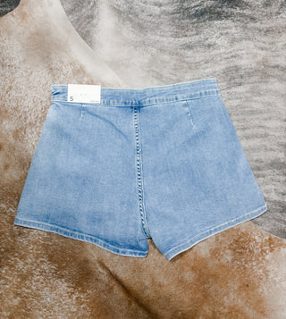 Light Wash Wrap Front Denim Skort