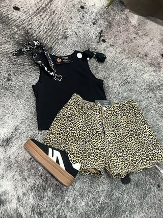 Mid Rise Leopard Twill Shorts with Scallop Hem